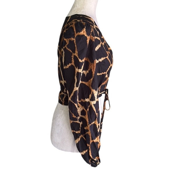MILLY Wynona Giraffe Printed Wrap Tie Waist Puff Sleeve Cropped Linen Blouse - S - Picture 9 of 16